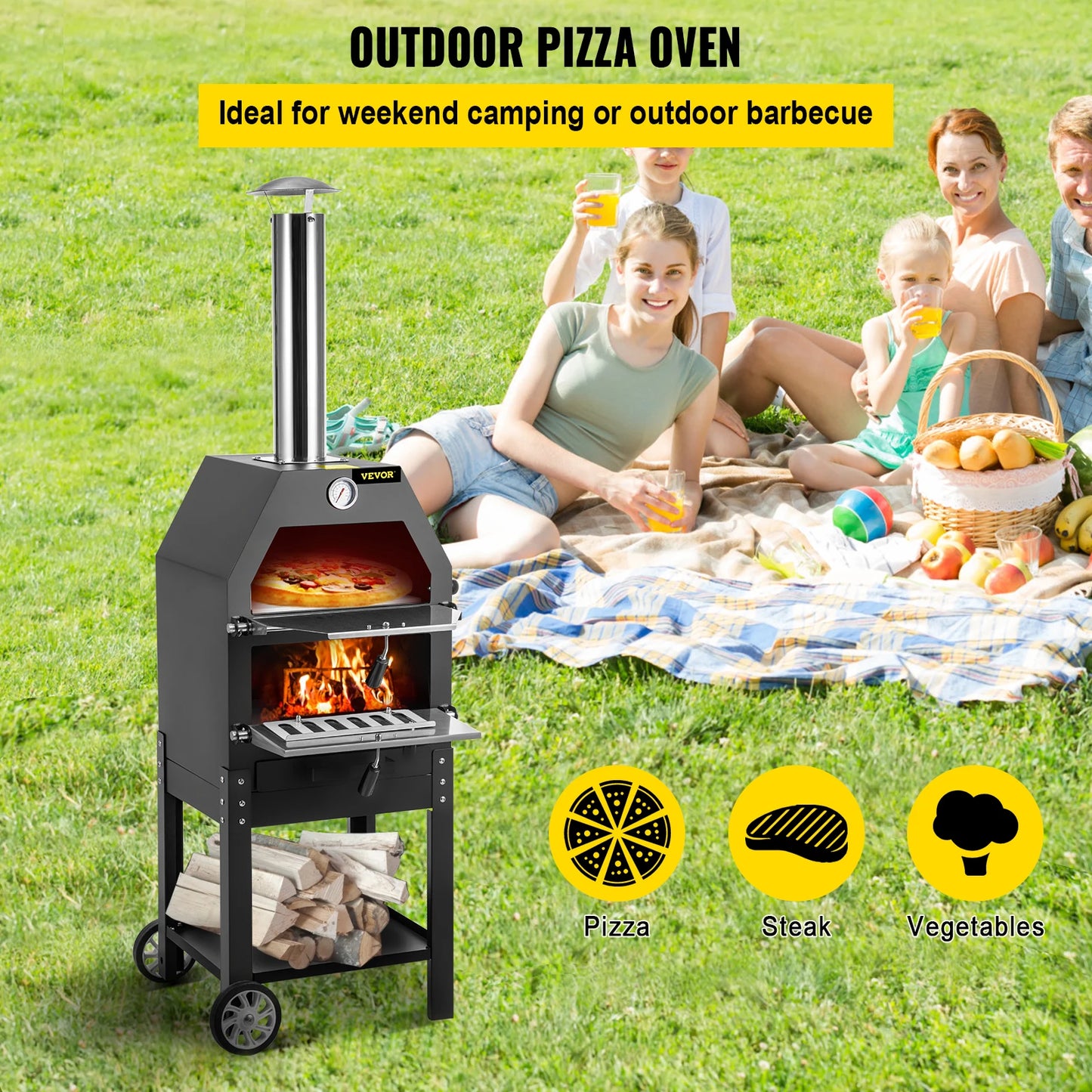 VEVOR 12" Wood-Fired Pizza Oven with Wheels & Handle: Labor-Saving, 2-Layer Portable for Backyard, Camping Site, Park, Outdoor Baking