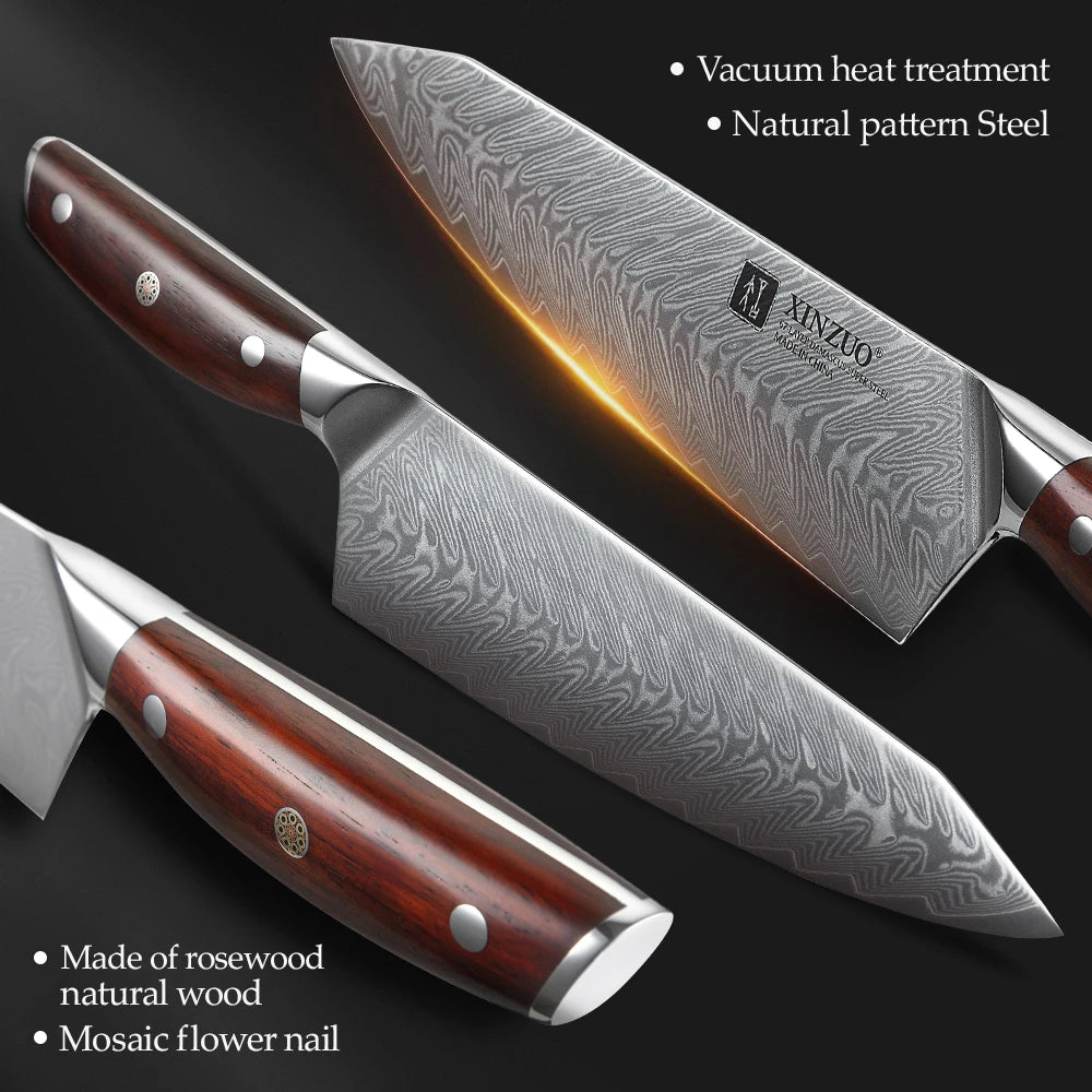 XINZUO 7PCS Kitchen Knives Sets Damascus Steel Chef Knife Sets Stainless Steel Kitchen Scissors Acacia Wood Knife Block Holder