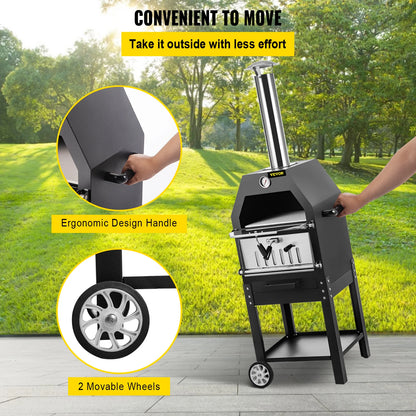 VEVOR 12" Wood-Fired Pizza Oven with Wheels & Handle: Labor-Saving, 2-Layer Portable for Backyard, Camping Site, Park, Outdoor Baking