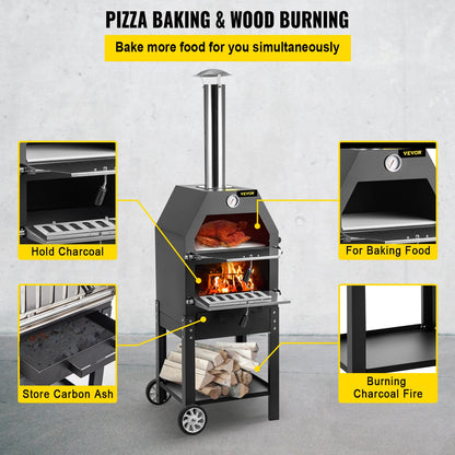 VEVOR 12" Wood-Fired Pizza Oven with Wheels & Handle: Labor-Saving, 2-Layer Portable for Backyard, Camping Site, Park, Outdoor Baking