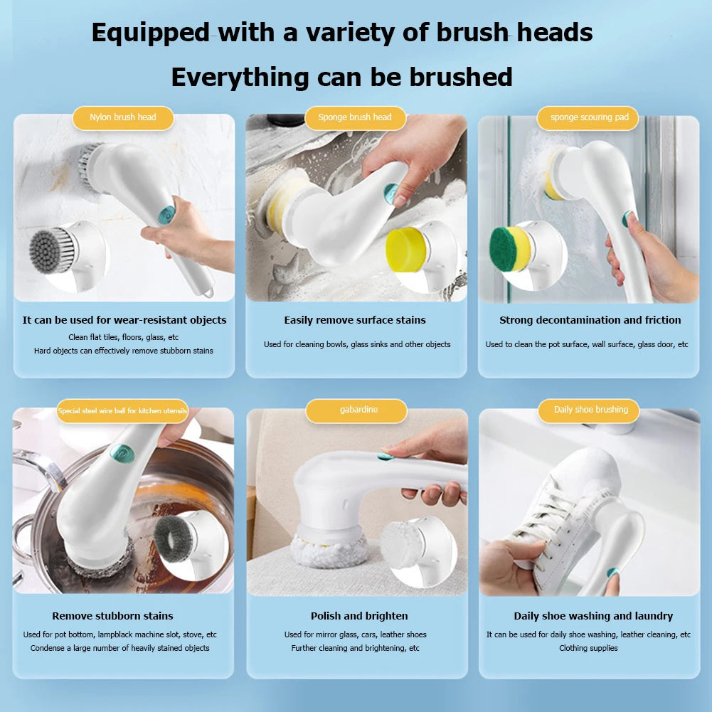 5-in-1 Electric Spin Scrubber: Rechargeable, Waterproof Multi-Functional Cleaning Brush with 5 Interchangeable Heads for Floors, Walls, and More