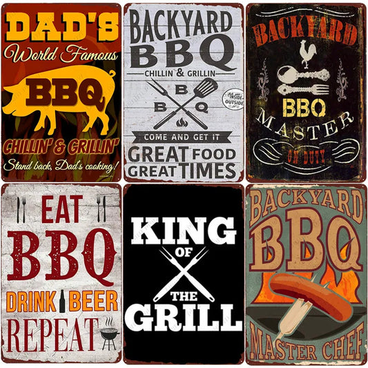 Backyard BBQ Sign Vintage Grill King Metal Tin Sign Bar Pub Garden Decor Dad's BBQ Wall Plate Chillin&Grillin Retro Plaque N377