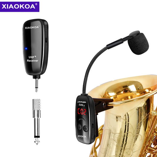 XIAOKOA UHF Wireless Saxophone Microphone System - Clip-on Wireless Receiver Transmitter for Saxophone Trumpet, LED Digital Screen, 160ft Transmission, Musical Instrument Wireless Mic