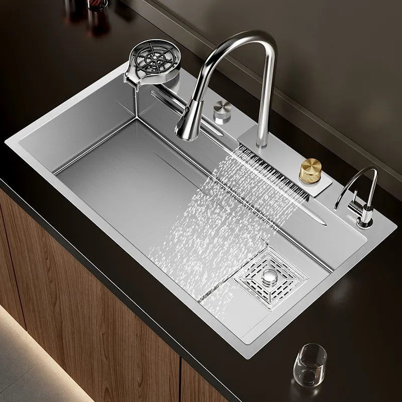 Luxury Silvery Nanometer 304 Stainless Steel Waterfall Kitchen Sink 3Mm Thickness Large Single Slot Above Mount Waterfall Faucet