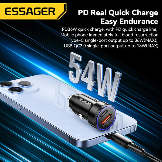 Essager 54W USB Car Charger: Fast Charging, Dual Ports, Multi-Protocol Compatibility