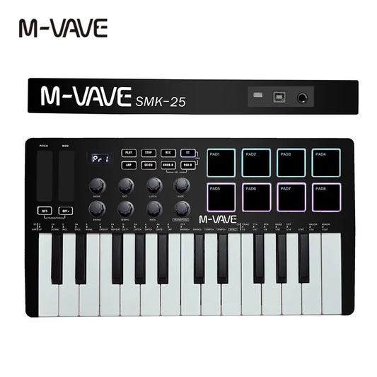 M-VAVE Portable MIDI 25-Key USB Keyboard Controller - 8 Backlit Drum Pads, 8 Knobs, RGB Music Keyboard Instruments