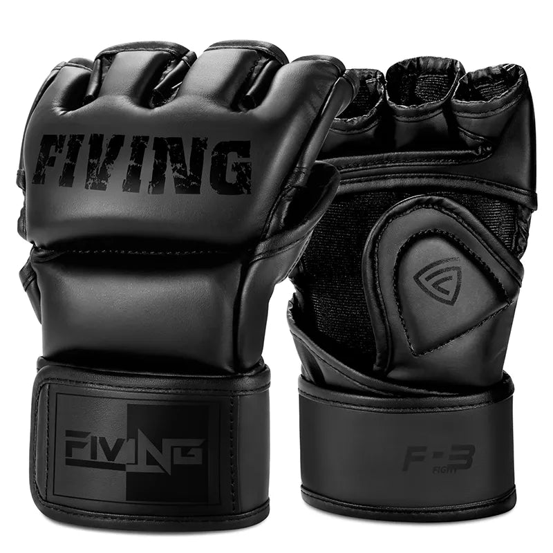 FIVING Half Finger Boxing Gloves - PU Leather MMA Fighting Kick Boxing Gloves for Karate, Muay Thai, Training, and Workouts