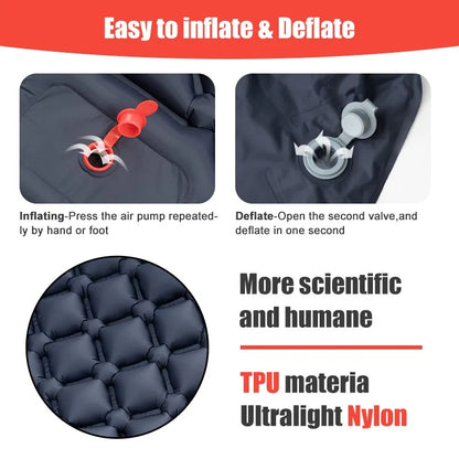 Outdoor Camping Inflatable Mattress Sleeping Pad with Pillows - Ultralight Air Mat with Built-In Inflator Pump for Hiking