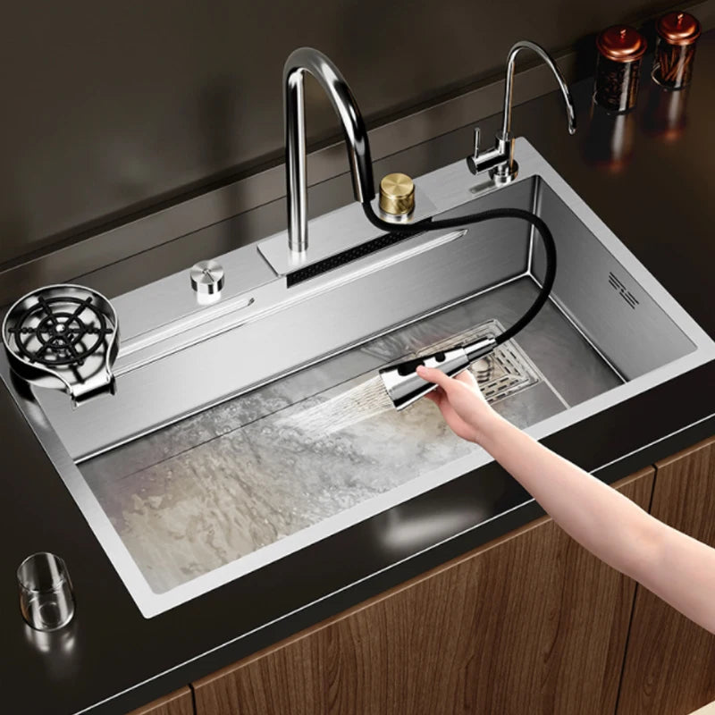 Luxury Silvery Nanometer 304 Stainless Steel Waterfall Kitchen Sink 3Mm Thickness Large Single Slot Above Mount Waterfall Faucet