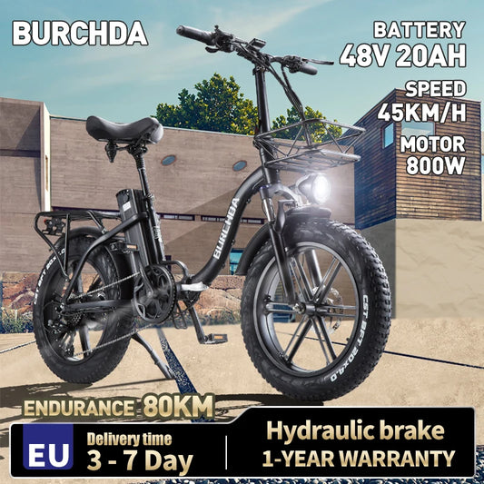 BURCHDA R8S Electric Fatbike 800W 45KM/H - 48V20AH Lithium Battery Foldable E-Bike for Adults, 20" Fat Tire, Dual Brake