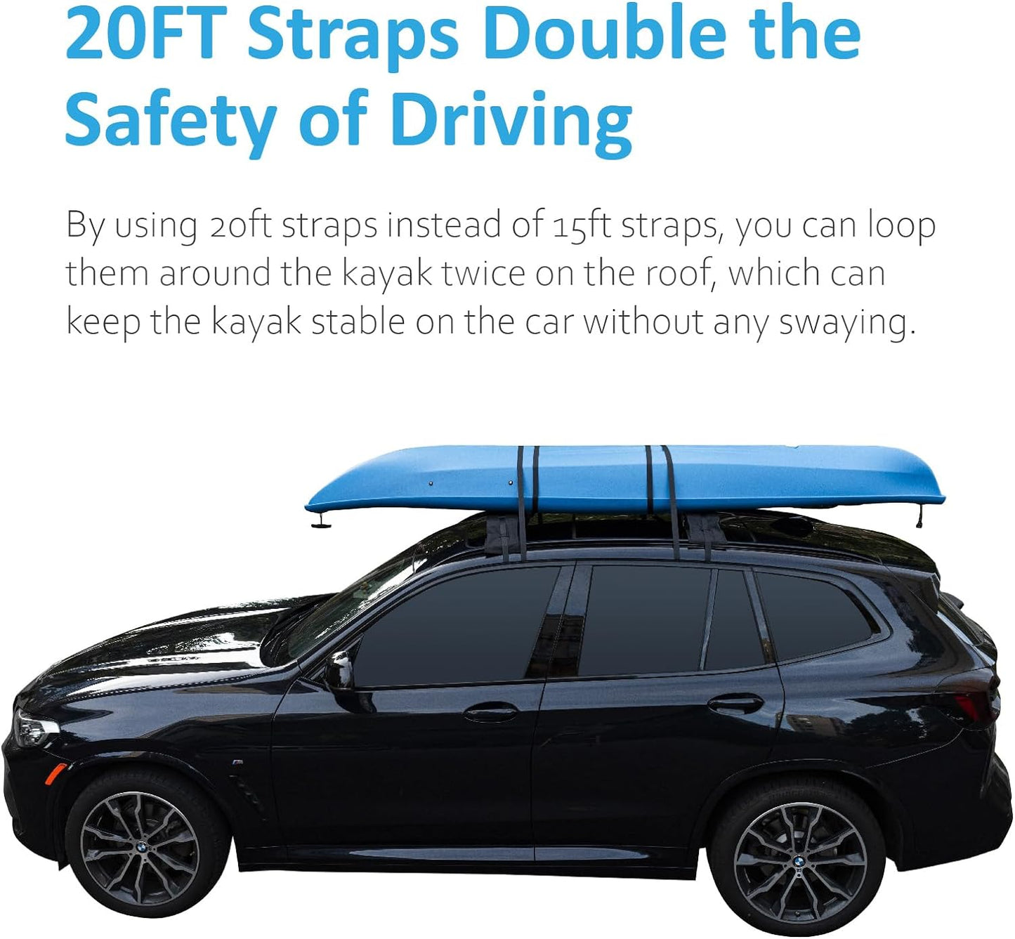 Universal Car Soft Roof Rack Pads for Kayak Surfboard SUP Canoe with 20FT Durable Tie-Down Straps, 2 Tie Down Rope, 4 Quick Loop Straps